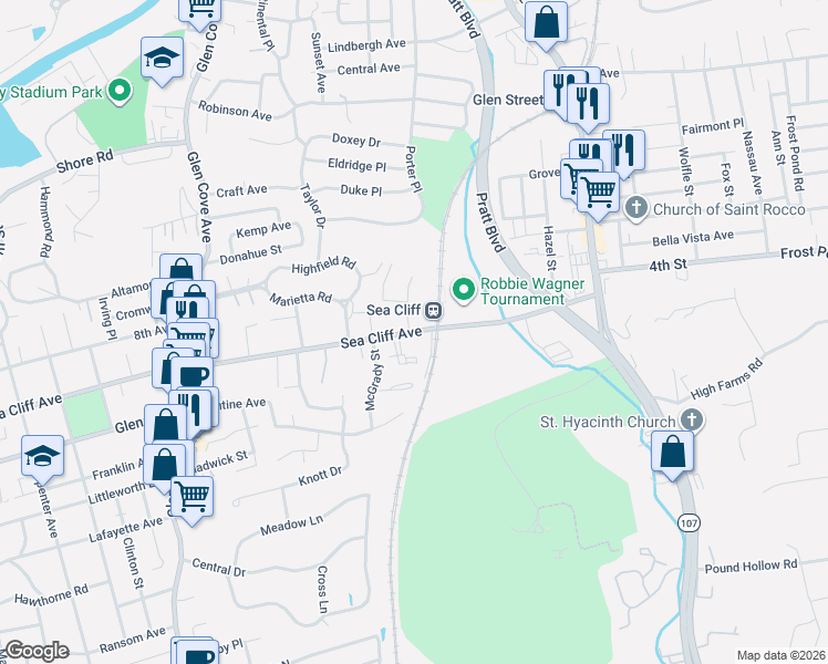 map of restaurants, bars, coffee shops, grocery stores, and more near 65 Sea Cliff Avenue in Glen Cove