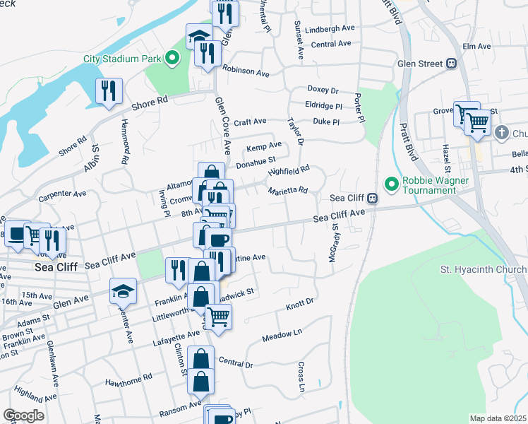 map of restaurants, bars, coffee shops, grocery stores, and more near 140 Sea Cliff Avenue in Glen Cove
