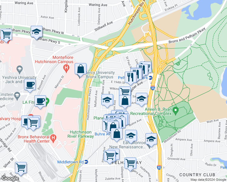 map of restaurants, bars, coffee shops, grocery stores, and more near in The Bronx