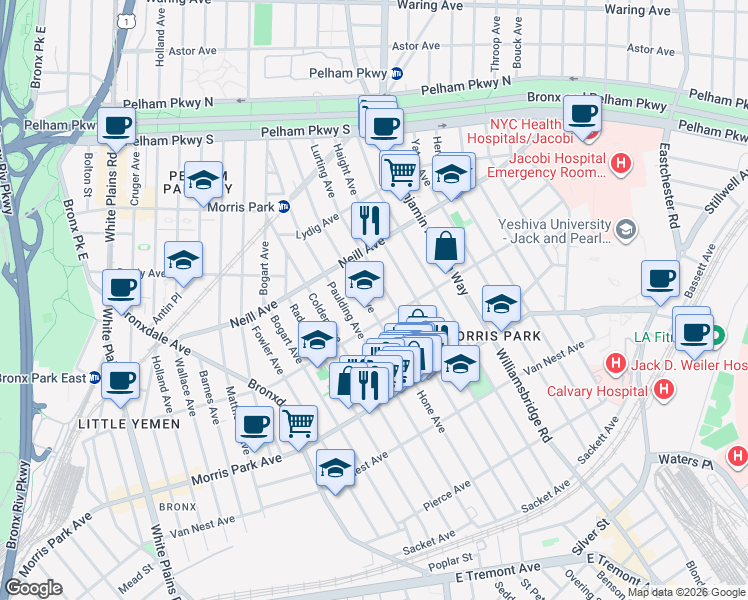 map of restaurants, bars, coffee shops, grocery stores, and more near in The Bronx