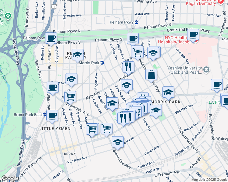 map of restaurants, bars, coffee shops, grocery stores, and more near 1938 Colden Avenue in Bronx