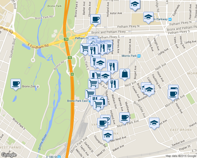 map of restaurants, bars, coffee shops, grocery stores, and more near in The Bronx