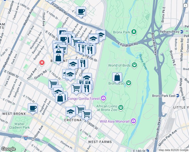 map of restaurants, bars, coffee shops, grocery stores, and more near 794 East 183rd Street in The Bronx