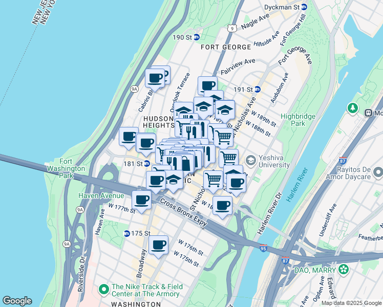 map of restaurants, bars, coffee shops, grocery stores, and more near 177 Wadsworth Avenue in New York