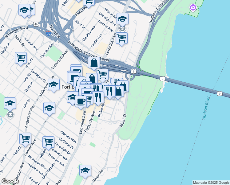 map of restaurants, bars, coffee shops, grocery stores, and more near 2020 Central Road in Fort Lee