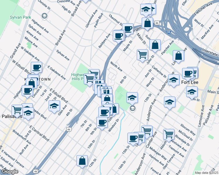 map of restaurants, bars, coffee shops, grocery stores, and more near 1470 Bergen Boulevard in Fort Lee