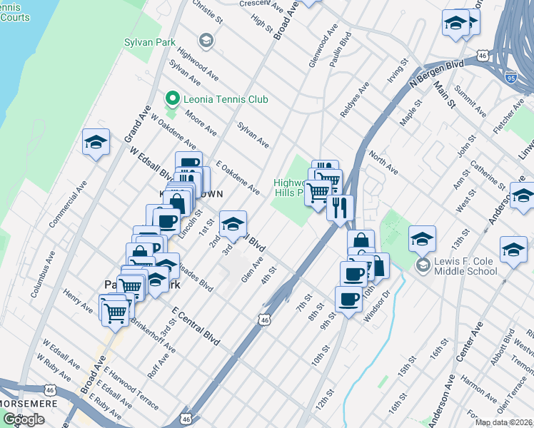 map of restaurants, bars, coffee shops, grocery stores, and more near 521 Roff Avenue in Palisades Park