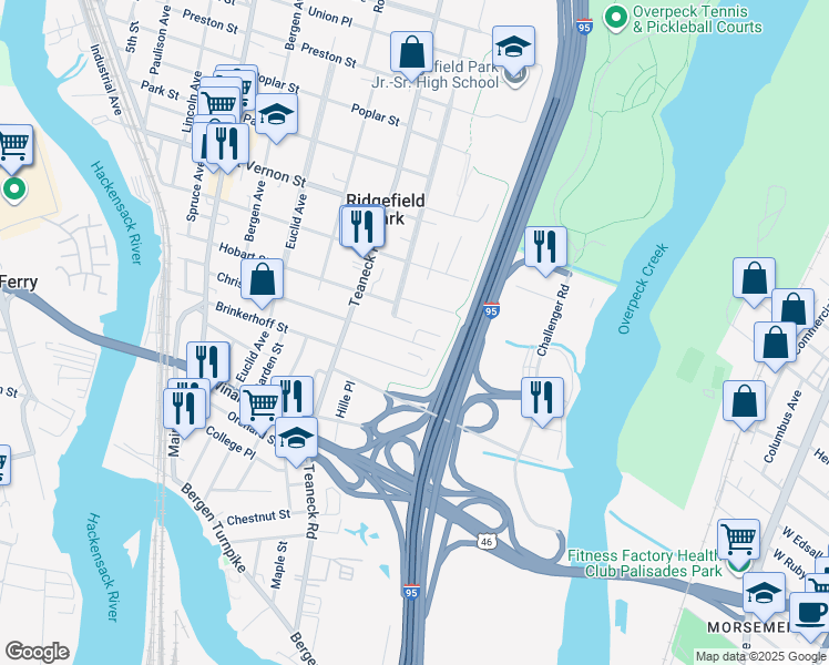 map of restaurants, bars, coffee shops, grocery stores, and more near 217 Christie Street in Ridgefield Park