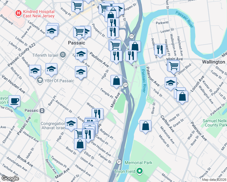 map of restaurants, bars, coffee shops, grocery stores, and more near in Passaic