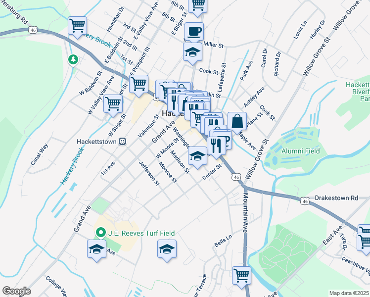 map of restaurants, bars, coffee shops, grocery stores, and more near 424-426 Washington Street in Hackettstown