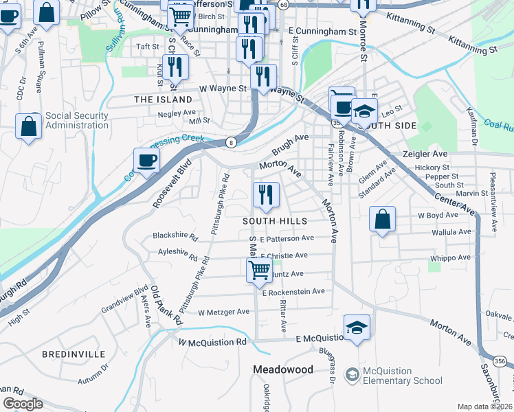 map of restaurants, bars, coffee shops, grocery stores, and more near 415 Morton Avenue in Butler
