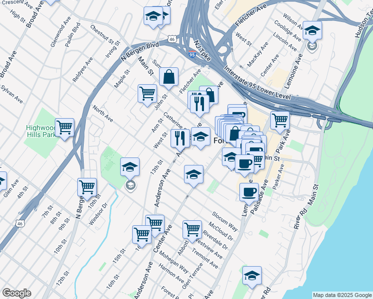 map of restaurants, bars, coffee shops, grocery stores, and more near 1590 Anderson Avenue in Fort Lee