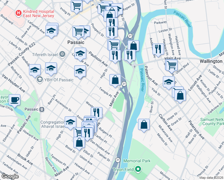 map of restaurants, bars, coffee shops, grocery stores, and more near in Passaic