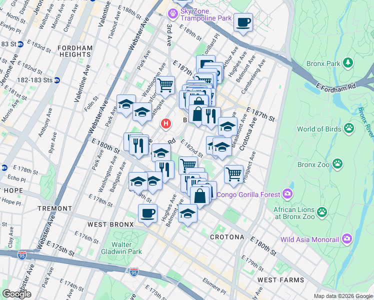 map of restaurants, bars, coffee shops, grocery stores, and more near 625 Oak Tree Place in Bronx