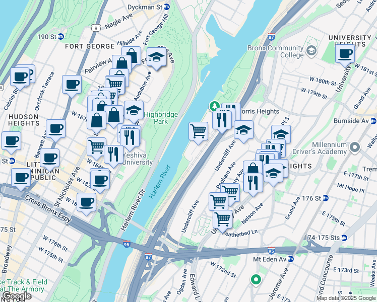 map of restaurants, bars, coffee shops, grocery stores, and more near 20 Richman Plaza in The Bronx