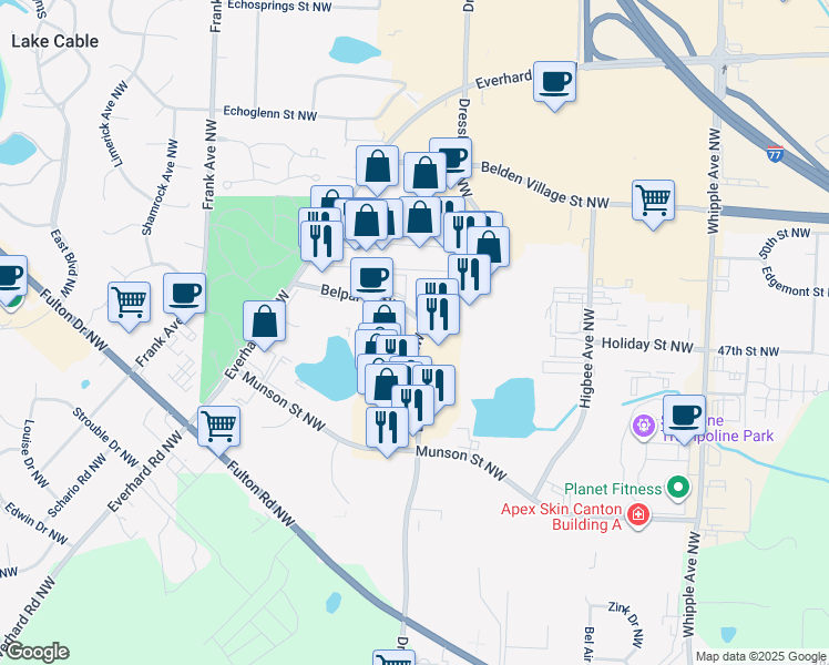 map of restaurants, bars, coffee shops, grocery stores, and more near 4809 Dressler Road Northwest in Canton
