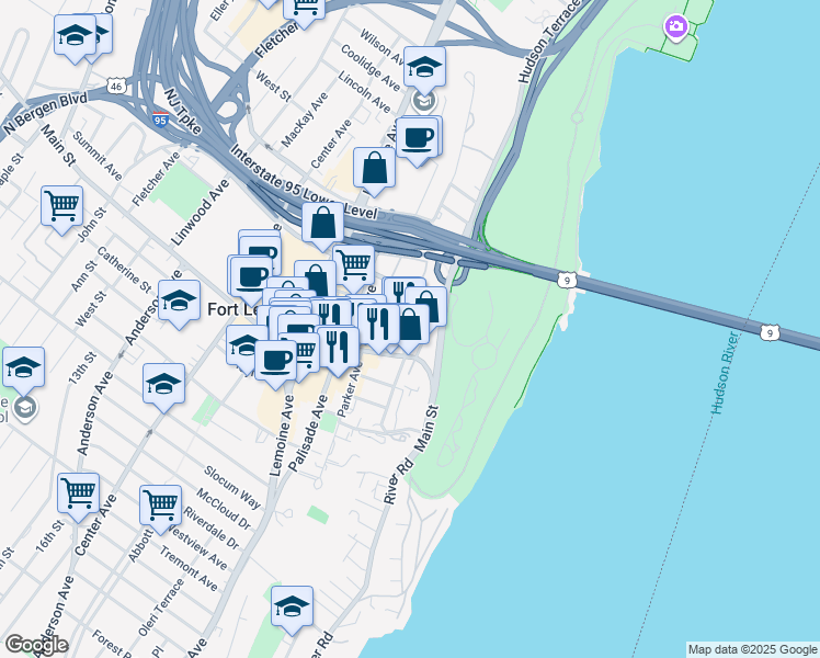 map of restaurants, bars, coffee shops, grocery stores, and more near 2044 Central Road in Fort Lee