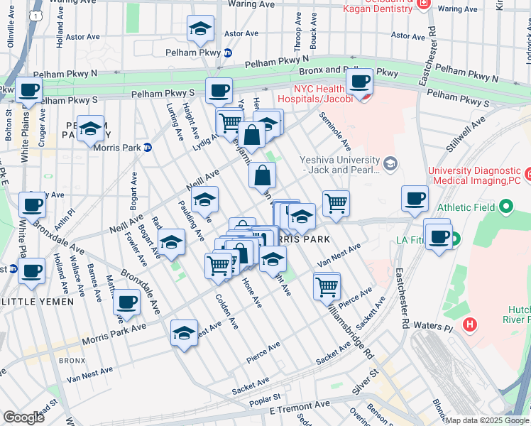 map of restaurants, bars, coffee shops, grocery stores, and more near 1833 Williamsbridge Road in Bronx