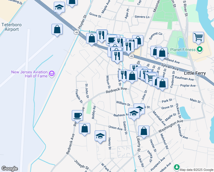 map of restaurants, bars, coffee shops, grocery stores, and more near 76 Redneck Avenue in Little Ferry