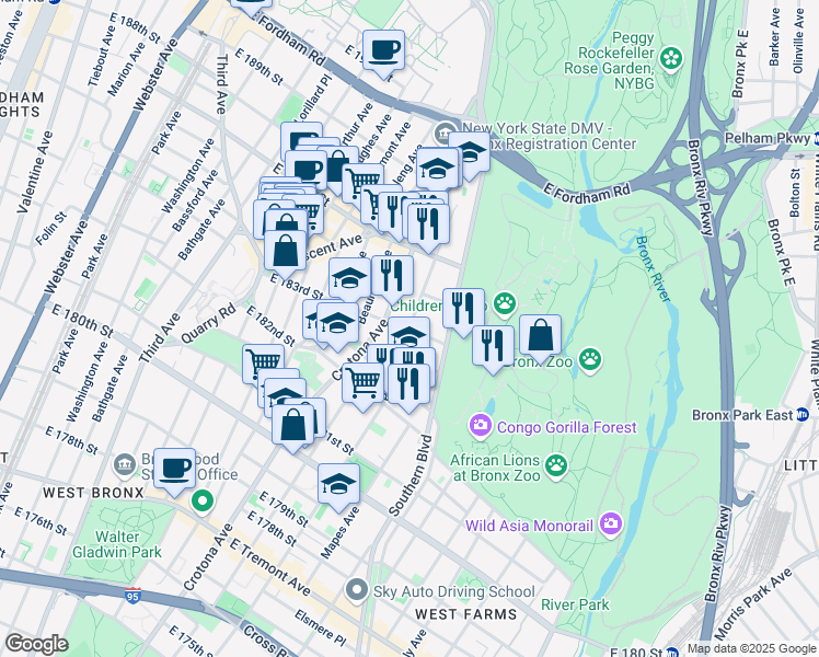 map of restaurants, bars, coffee shops, grocery stores, and more near East 183rd Street & Prospect Avenue in Bronx
