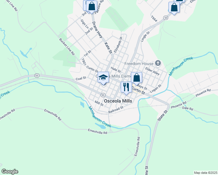 map of restaurants, bars, coffee shops, grocery stores, and more near 400 Coal Street in Osceola Mills