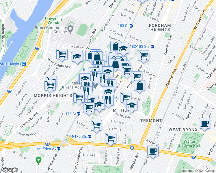 map of restaurants, bars, coffee shops, grocery stores, and more near 1987 Morris Avenue in The Bronx