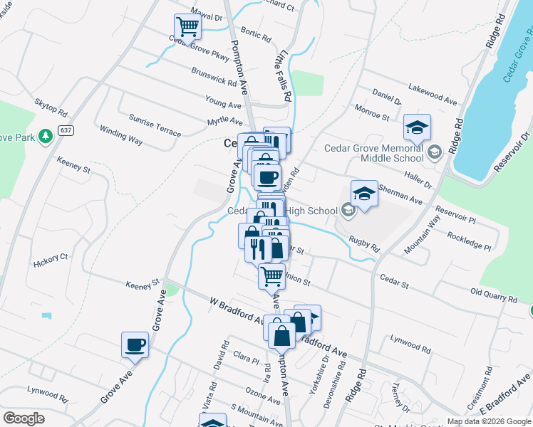 map of restaurants, bars, coffee shops, grocery stores, and more near 530 Pompton Avenue in Cedar Grove