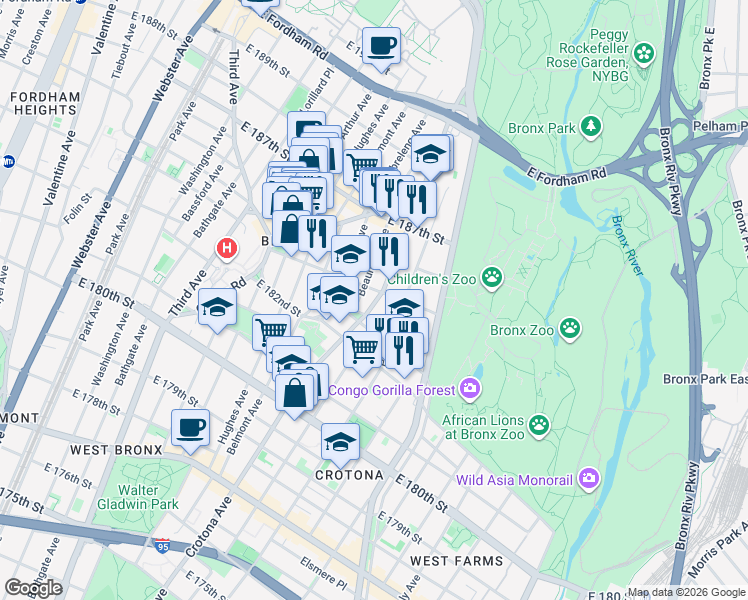 map of restaurants, bars, coffee shops, grocery stores, and more near 2265 Crotona Avenue in The Bronx
