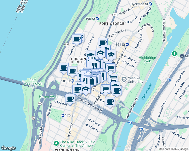 map of restaurants, bars, coffee shops, grocery stores, and more near 177 Wadsworth Avenue in New York