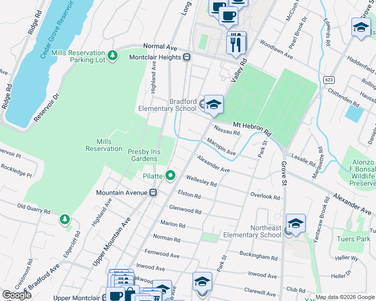 map of restaurants, bars, coffee shops, grocery stores, and more near 771 Valley Road in Montclair
