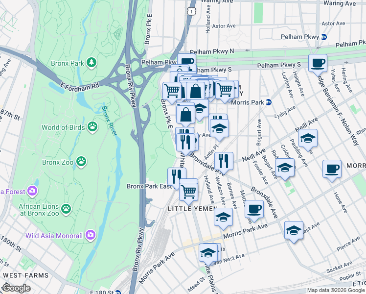 map of restaurants, bars, coffee shops, grocery stores, and more near White Plains Road & Bronxdale Avenue in Bronx