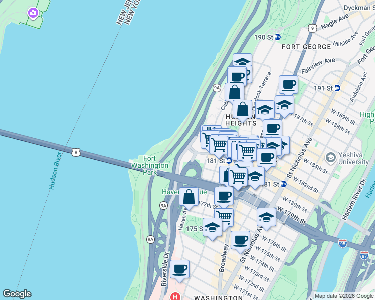 map of restaurants, bars, coffee shops, grocery stores, and more near 880 West 181st Street in New York