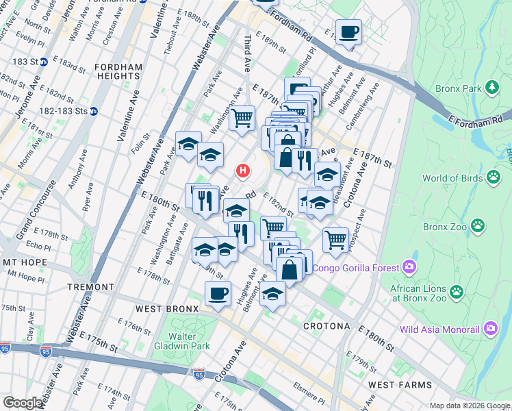 map of restaurants, bars, coffee shops, grocery stores, and more near 625 Oak Tree Place in Bronx