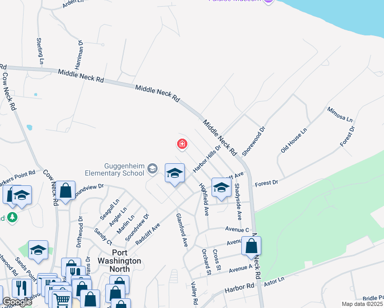 map of restaurants, bars, coffee shops, grocery stores, and more near 31 Harbor Hills Drive in Port Washington