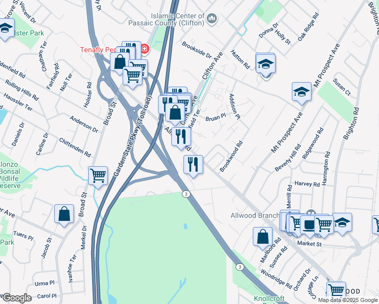 map of restaurants, bars, coffee shops, grocery stores, and more near 905 Allwood Road in Clifton