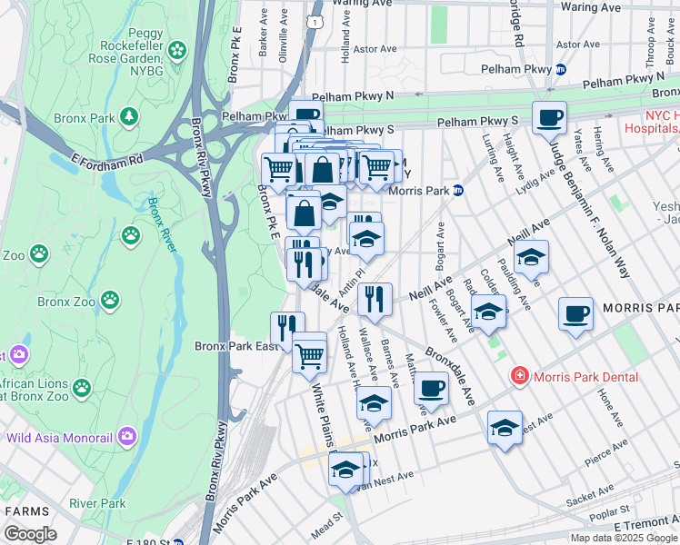 map of restaurants, bars, coffee shops, grocery stores, and more near 2029 Holland Avenue in Bronx