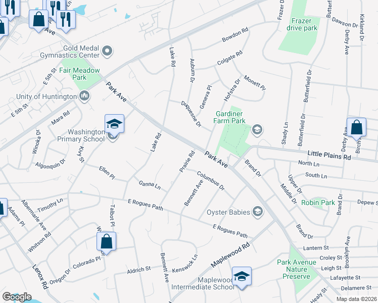 map of restaurants, bars, coffee shops, grocery stores, and more near 24 Prairie Road in Huntington Station