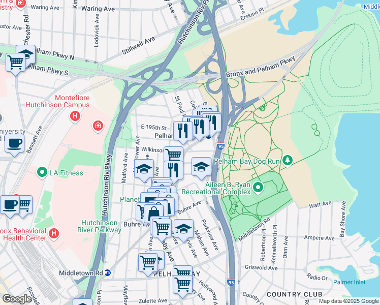 map of restaurants, bars, coffee shops, grocery stores, and more near 3184 Westchester Avenue in The Bronx