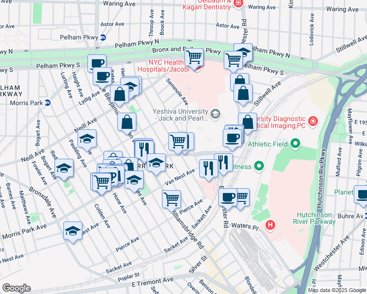 map of restaurants, bars, coffee shops, grocery stores, and more near 1206 Morris Park Avenue in Bronx