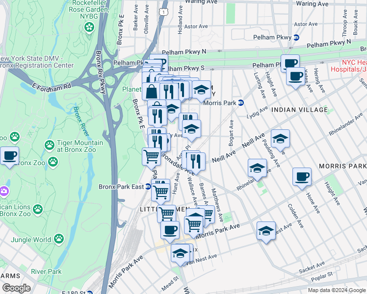 map of restaurants, bars, coffee shops, grocery stores, and more near 2019 Our Lady Of Solace Place in Bronx