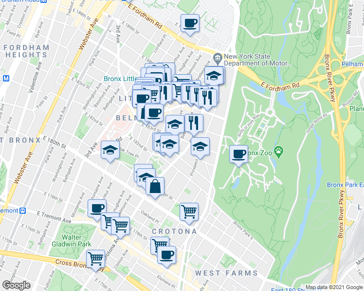 map of restaurants, bars, coffee shops, grocery stores, and more near in The Bronx