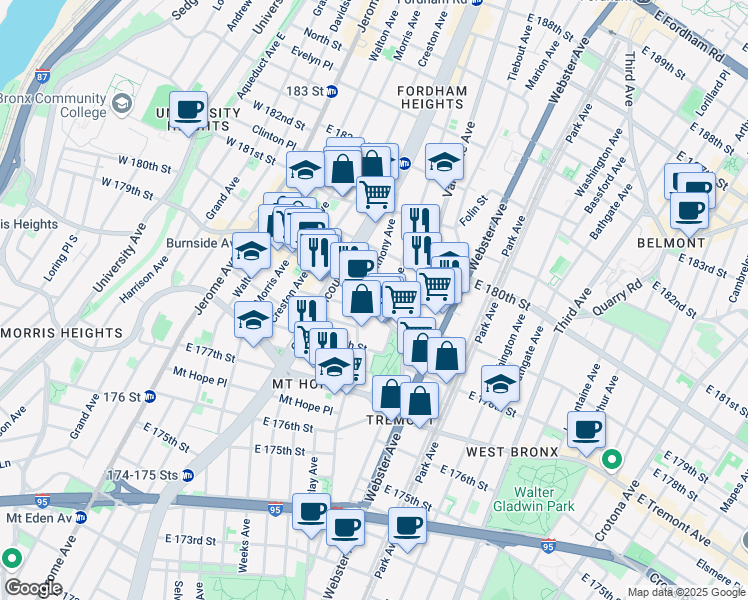 map of restaurants, bars, coffee shops, grocery stores, and more near 270 East Burnside Avenue in Bronx