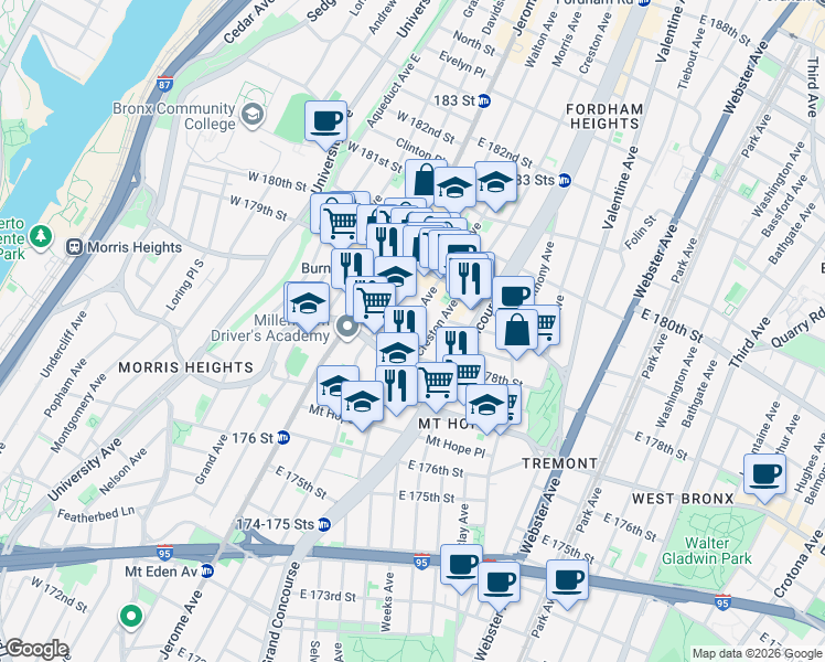map of restaurants, bars, coffee shops, grocery stores, and more near 1985 Creston Avenue in Bronx