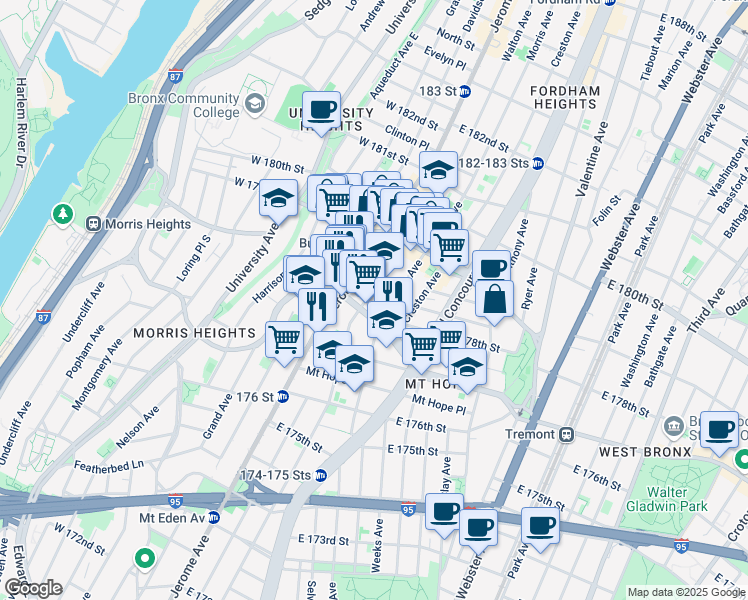 map of restaurants, bars, coffee shops, grocery stores, and more near in The Bronx