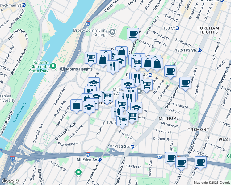 map of restaurants, bars, coffee shops, grocery stores, and more near 689 West Tremont Avenue in Bronx