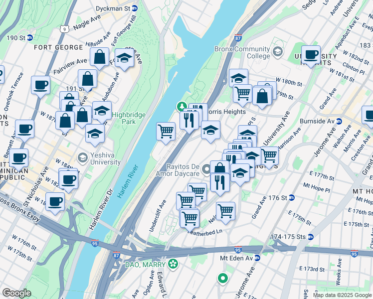 map of restaurants, bars, coffee shops, grocery stores, and more near 1750 Sedgwick Avenue in Bronx