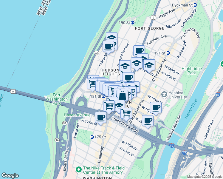 map of restaurants, bars, coffee shops, grocery stores, and more near 481 Fort Washington Avenue in New York