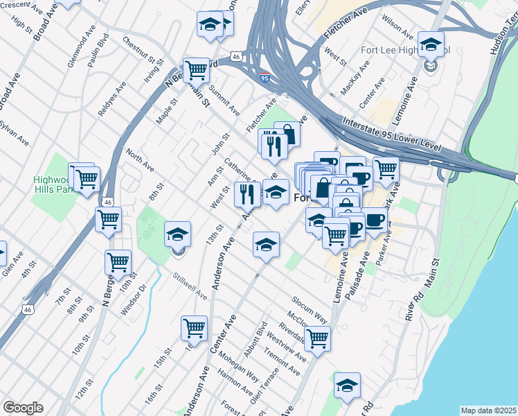 map of restaurants, bars, coffee shops, grocery stores, and more near 1590 Anderson Avenue in Fort Lee
