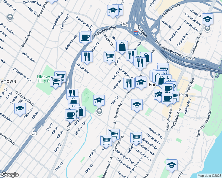 map of restaurants, bars, coffee shops, grocery stores, and more near 1546 12th Street in Fort Lee