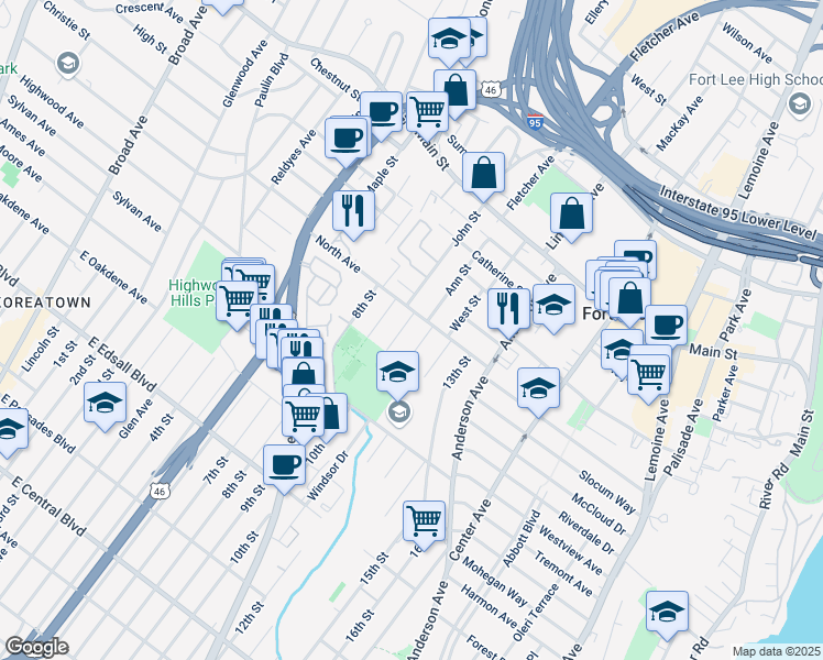 map of restaurants, bars, coffee shops, grocery stores, and more near 1526 11th Street in Fort Lee